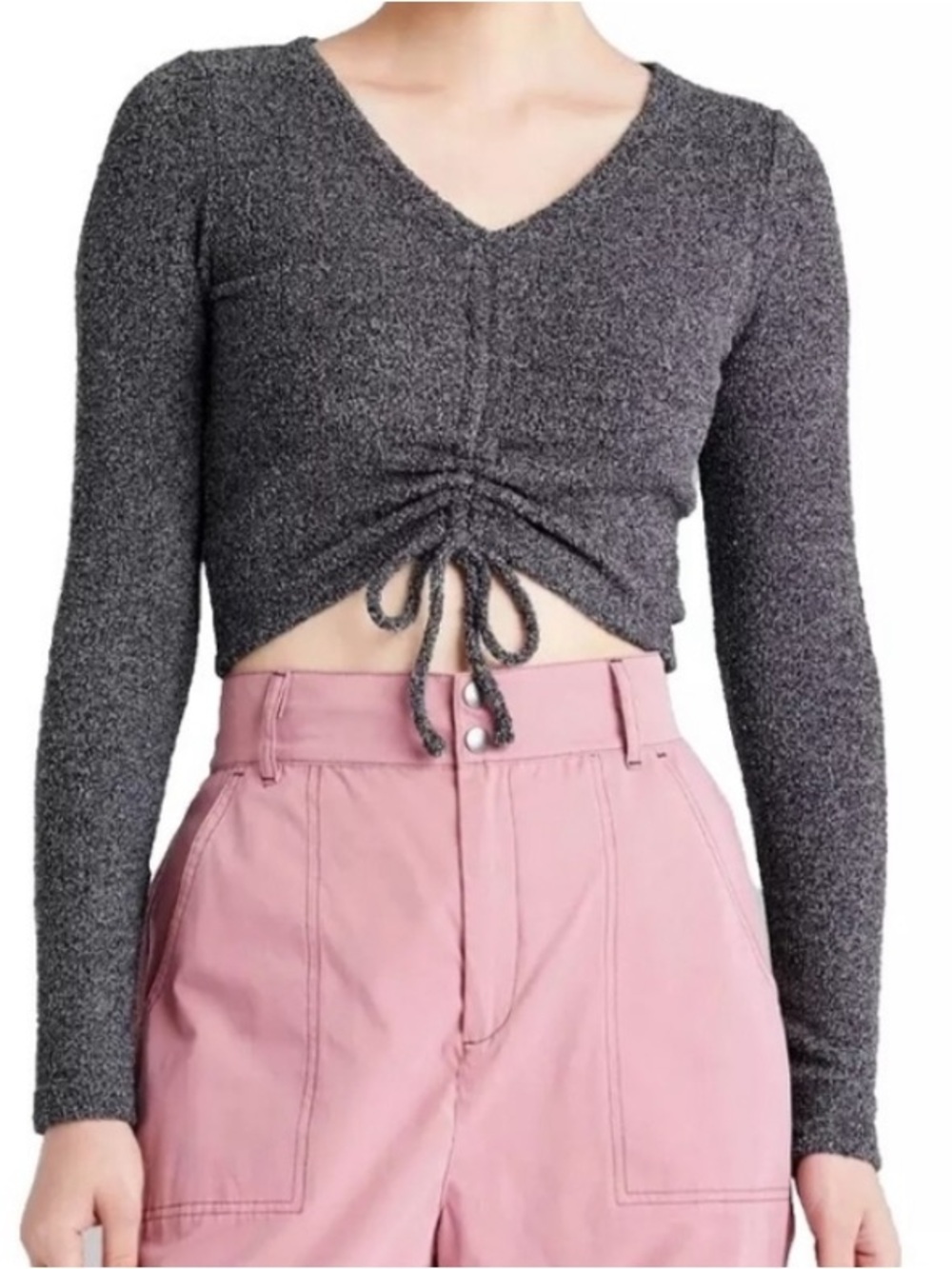 wild fable Charcoal Gray V-Neck Ruched Drawstring Crop Top | XS